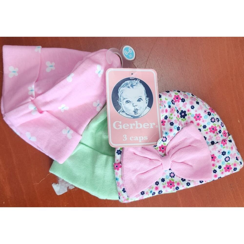 Gerber Baby Girl Butterfly 0-6months Cap Hat set of 3